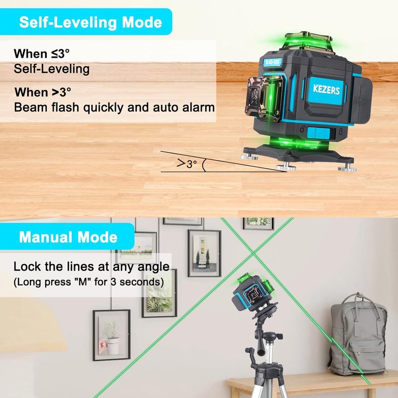 KEZERS مستوى الليزر 360 ذاتي التسوية، 4 × 360 مستوى ليزر مع شاشة أداة مستوى خط الليزر الأخضر أداة التسوية والمحاذاة مع وضع النبض للبناء وتعليق الصور، تحكم عن بعد - Image 5